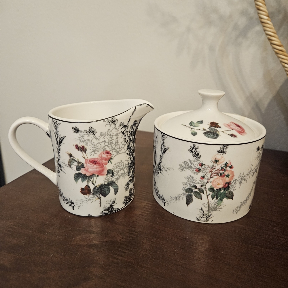 American Atelier Rose Toile Porcelain Creamer And Sugar Set